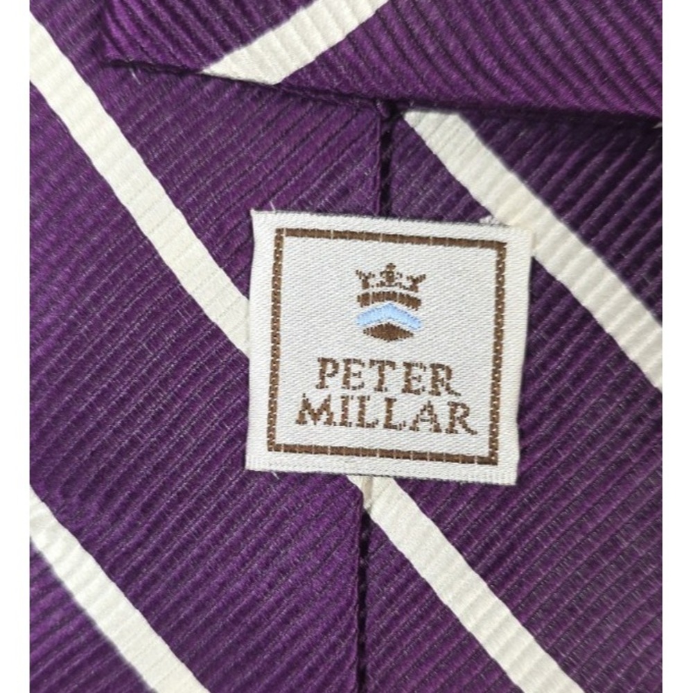 Peter Millar Purple White Diagonal Stripe Silk Tie Hand Folded Luxury Neck - Picture 7 of 7